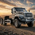 Урал NEXT на дороге в горах на закате — лизинг